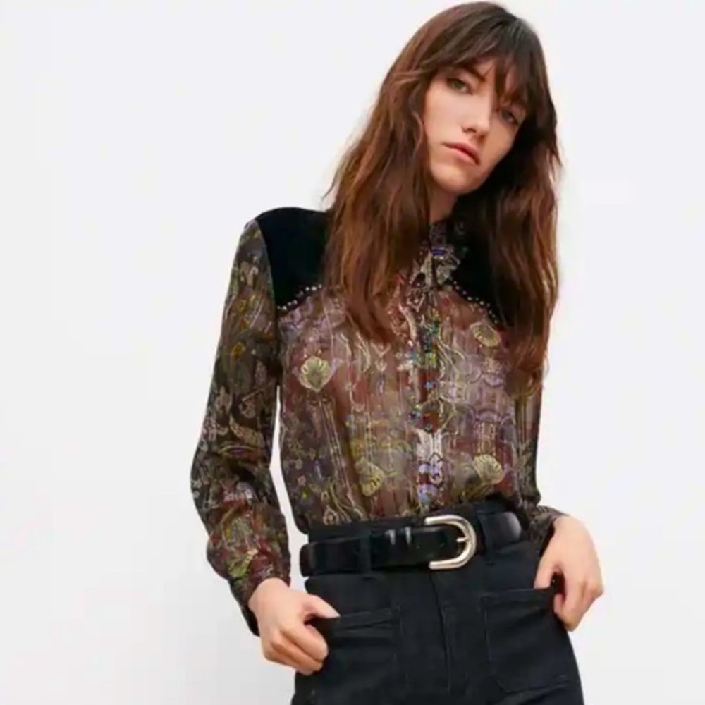 NWT Zara Paisley Printed Velvet Studded Blouse Multicolor Metallic Thread Rare